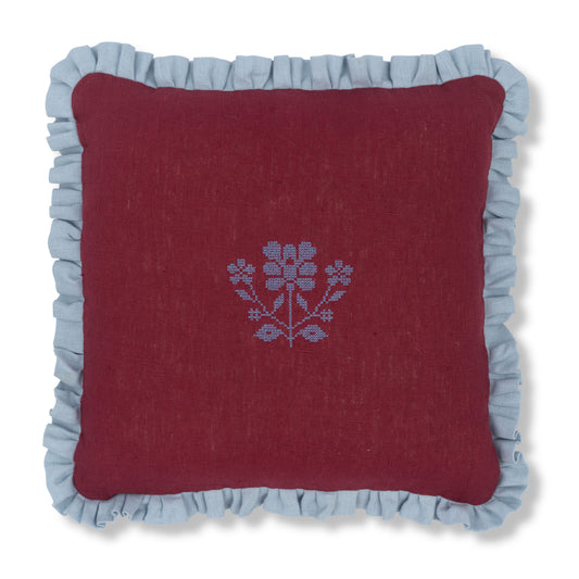 Scarlet Cushion with Porcelain Frill and Ruslan Floral Embroidery