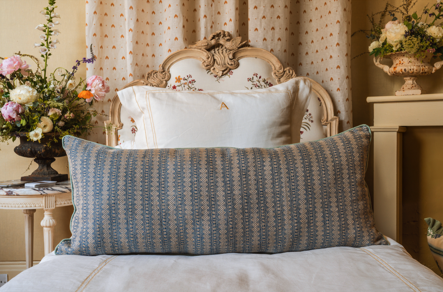 Large Bolster Cushion in Petite Kitezh Weave with Duck Egg Back & Trim