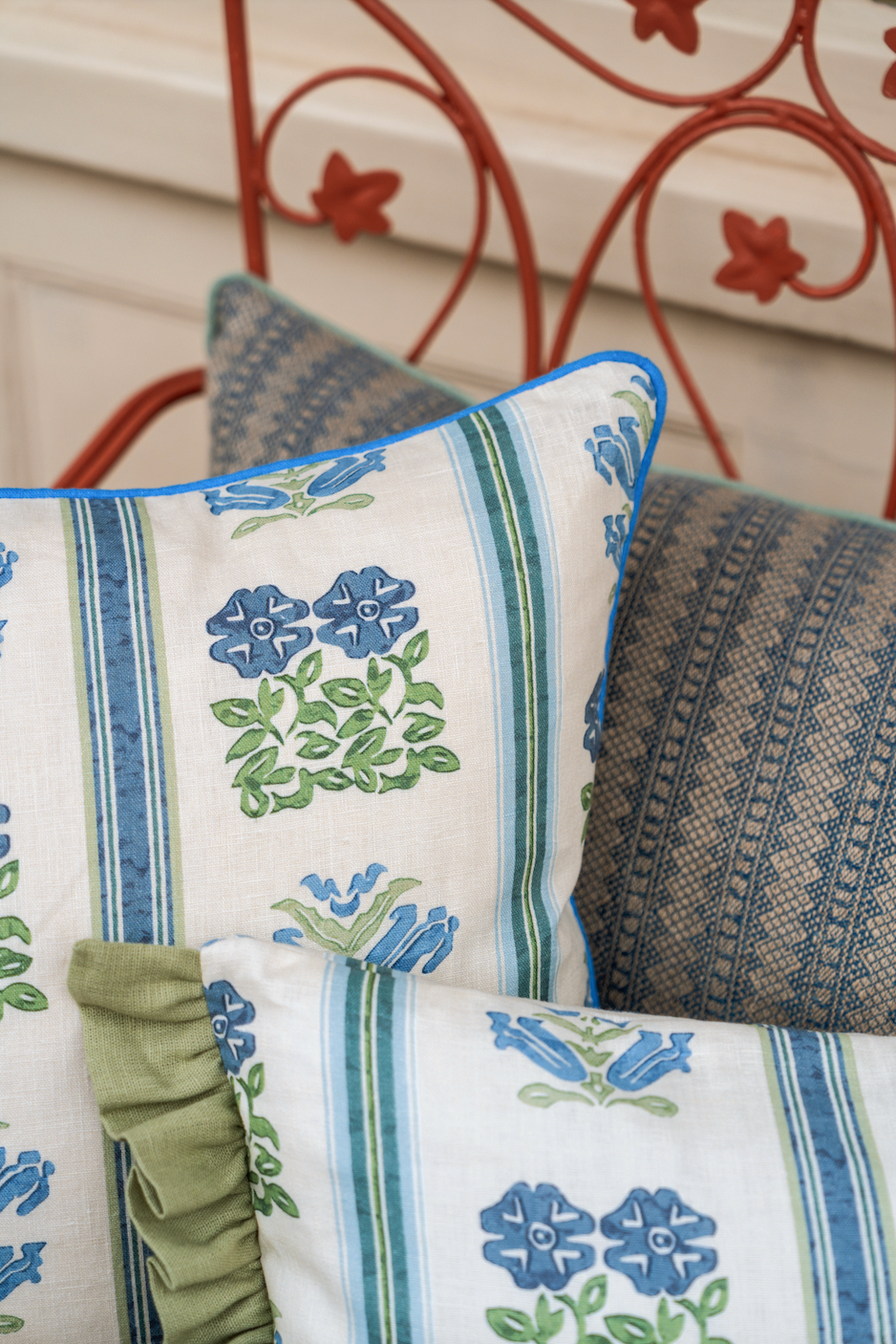 Folkloric Floral Print Cushion with Cornflower Blue Piping