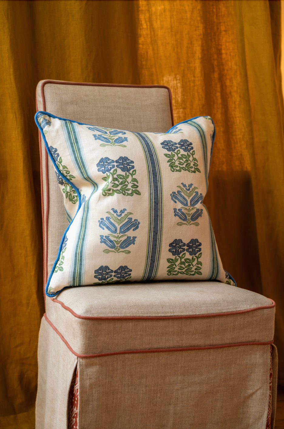 Folkloric Floral Print Cushion with Cornflower Blue Piping