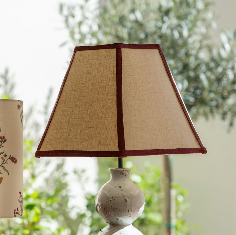 Available Now Hexagonal Lampshade in Oatmeal with Marsala Trim