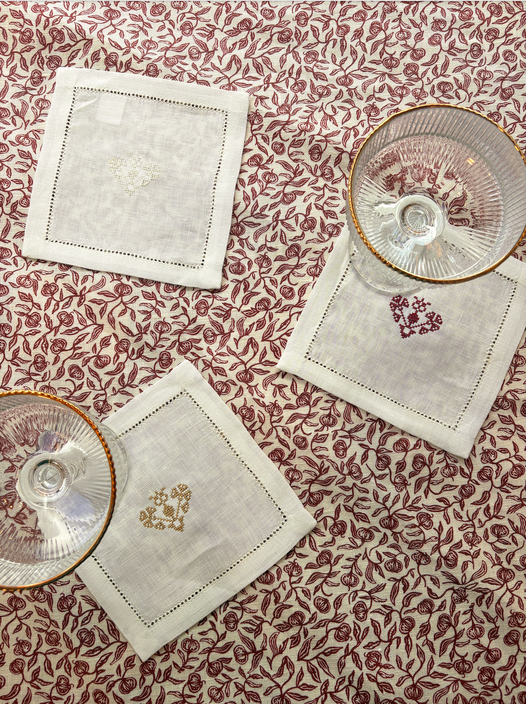 Hemstitch Cocktail Napkins with Crossed Heart Embroidery