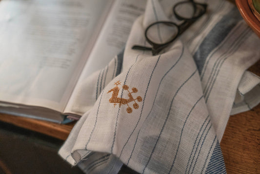 French Blue Stripe Kitchen Towel with Volga Cockerel in Antique Gold