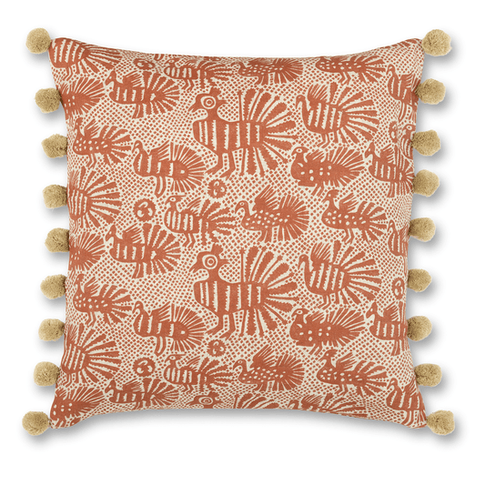 Sirin Print Cushion in Terracotta with Bobble Trim