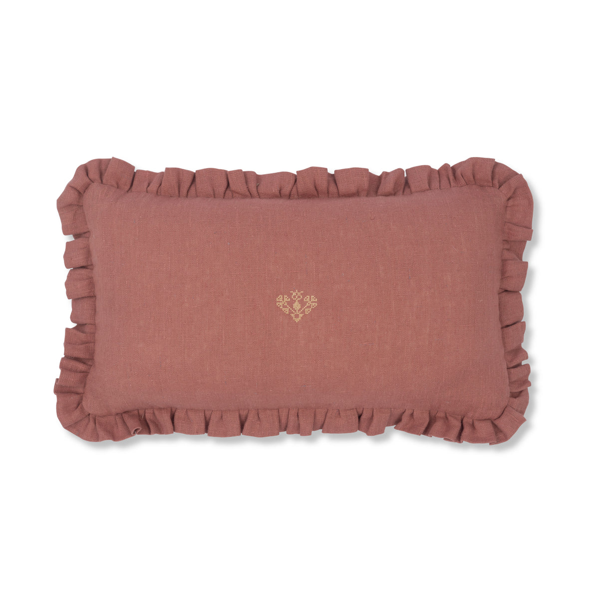 Sirin Terracotta Cushion with Frill and Crossed Heart Embroidery