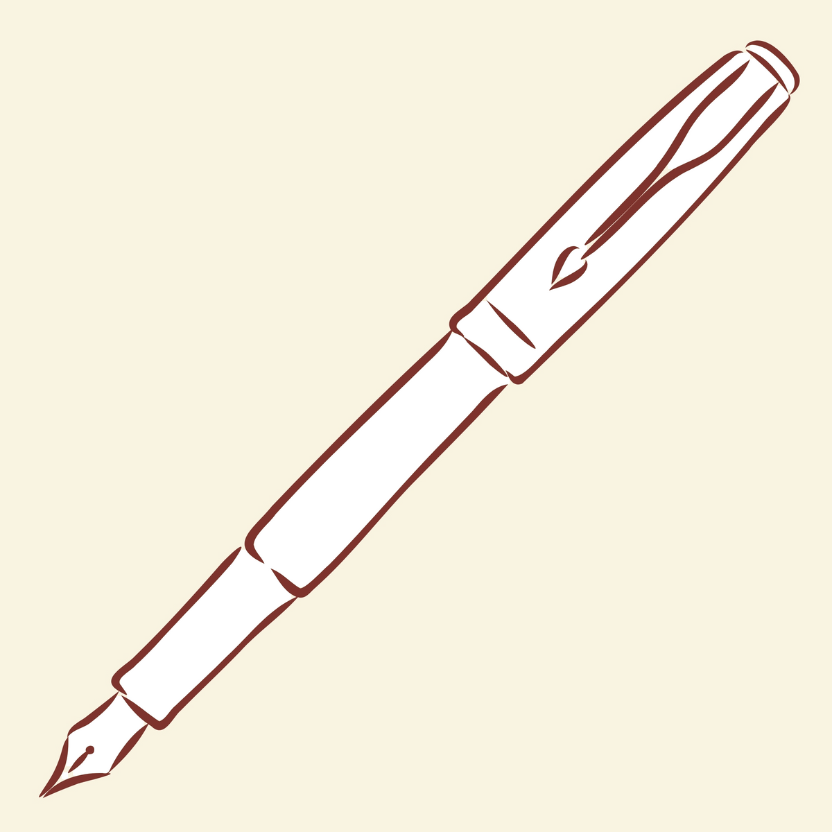 A minimalist line drawing of a fountain pen in brown on a warm cream background, with the word 'TEST' in the lower right corner.