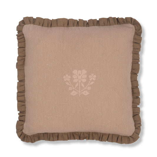 Tawny Gold Cushion with Bronze Frill and Ruslan Floral Embroidery