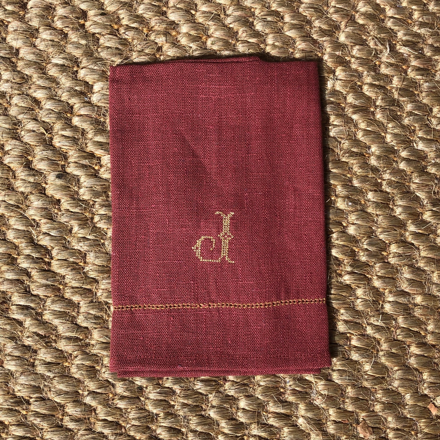 Tea Towel Marsala with Ochre Hemstitch with "J" Embroidery In Ochre Cross Stitch