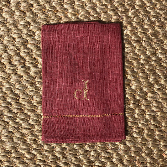 Tea Towel Marsala with Ochre Hemstitch with "J" Embroidery In Ochre Cross Stitch