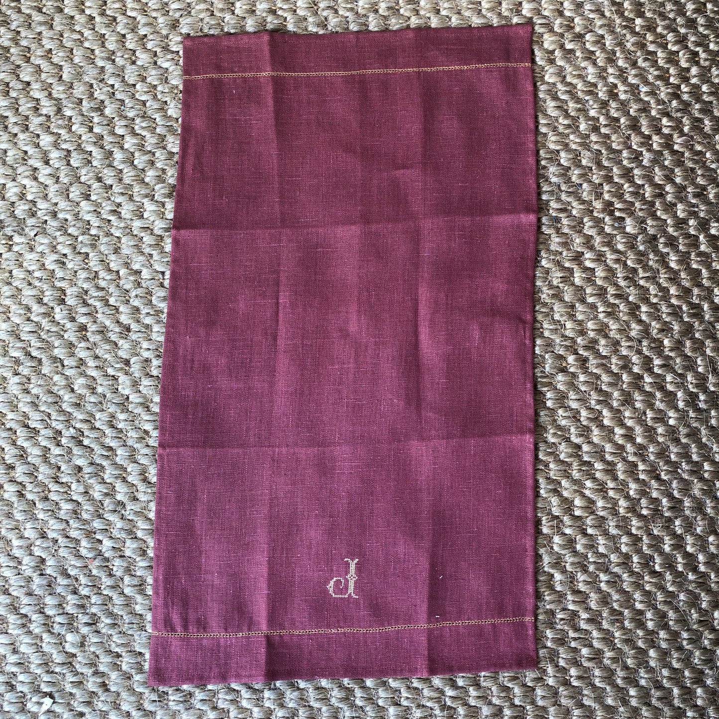 Tea Towel Marsala with Ochre Hemstitch with "J" Embroidery In Ochre Cross Stitch