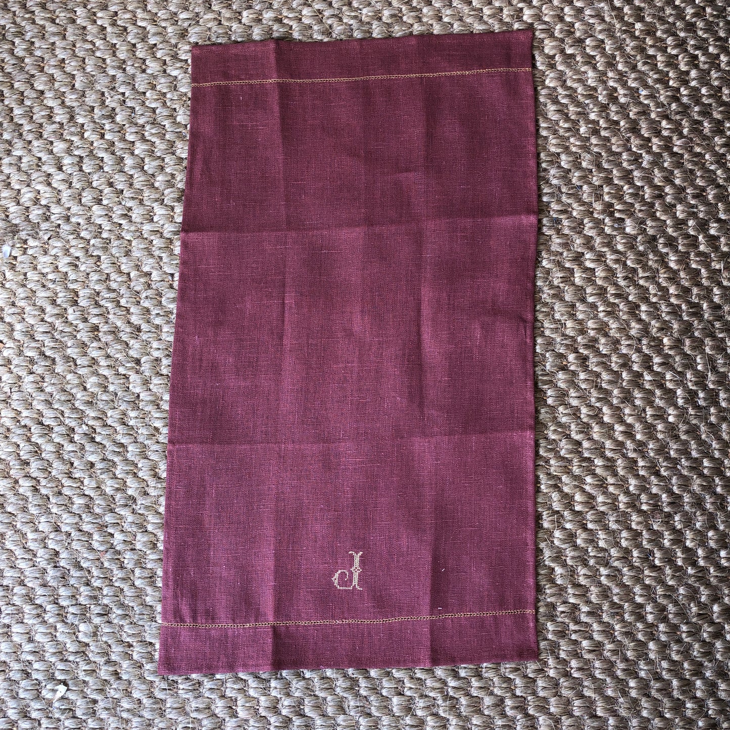 Tea Towel Marsala with Ochre Hemstitch with "J" Embroidery In Ochre Cross Stitch
