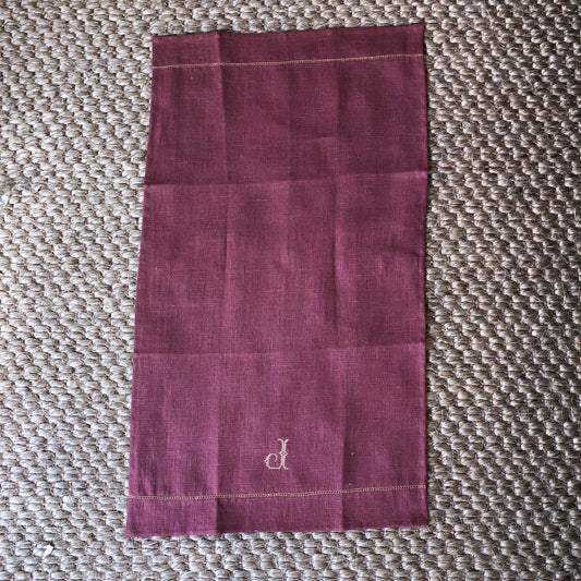 Tea Towel Marsala with Ochre Hemstitch with "J" Embroidery In Ochre Cross Stitch