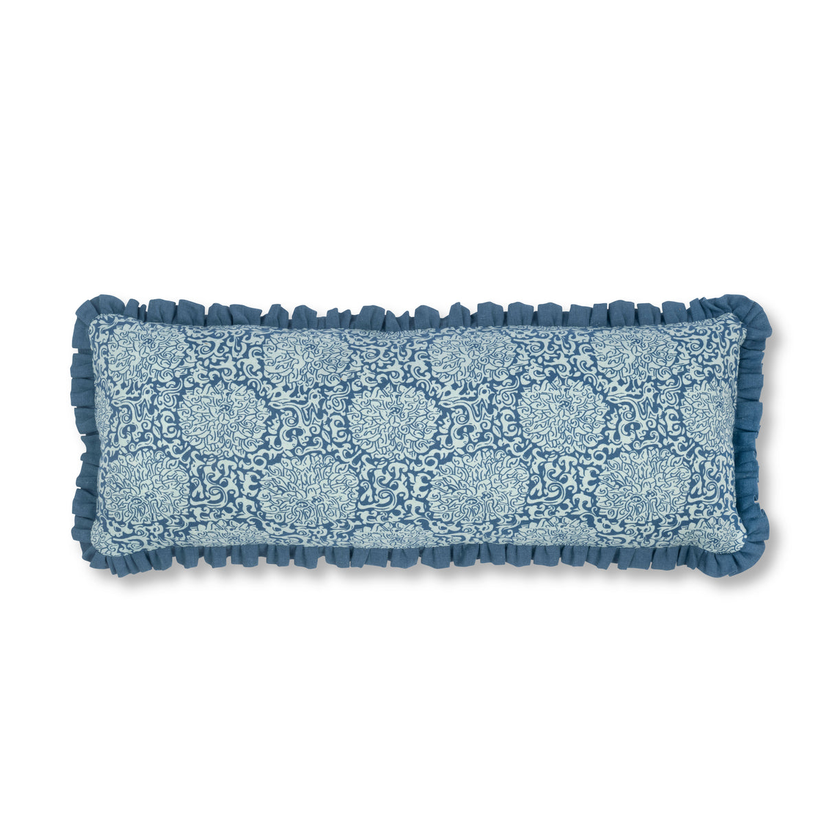 Chrysanthemum Celadon Print Cushion with Prussian Blue Frill