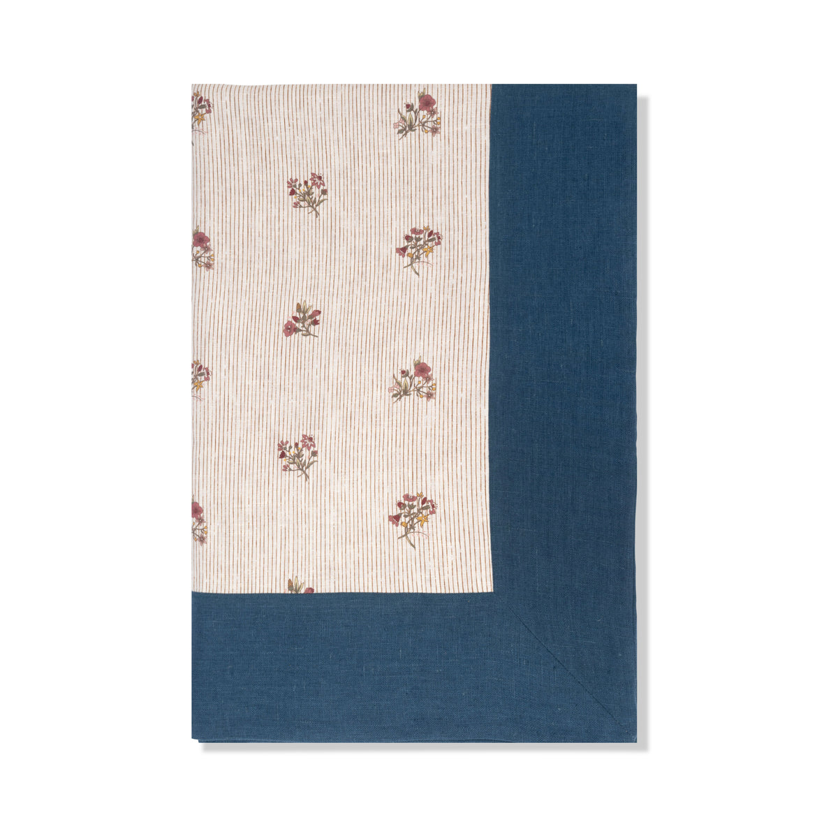Available Now Linen Throw in Flax and Field Flowers Pinstripe Scarlet with Prussian Blue Border and Scarlet Reverse