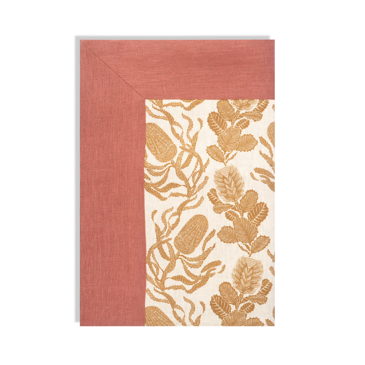 Available Now Linen Throw in Cape Botanical Old Gold with Sirin Terracotta Border and Ochre Reverse