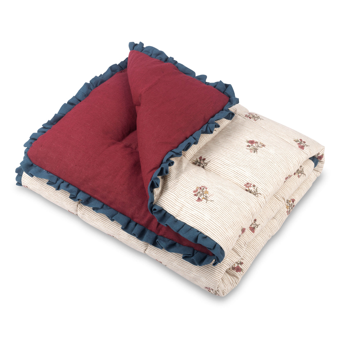 Available Now Eiderdown in Flax and Field Flowers Pinstripe Scarlet with Prussian Blue Frill and Scarlet Reverse