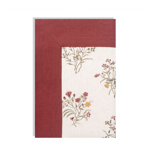 Available Now Linen Throw in Flax and Field Flowers Scarlet with Marsala Border and Ochre Reverse