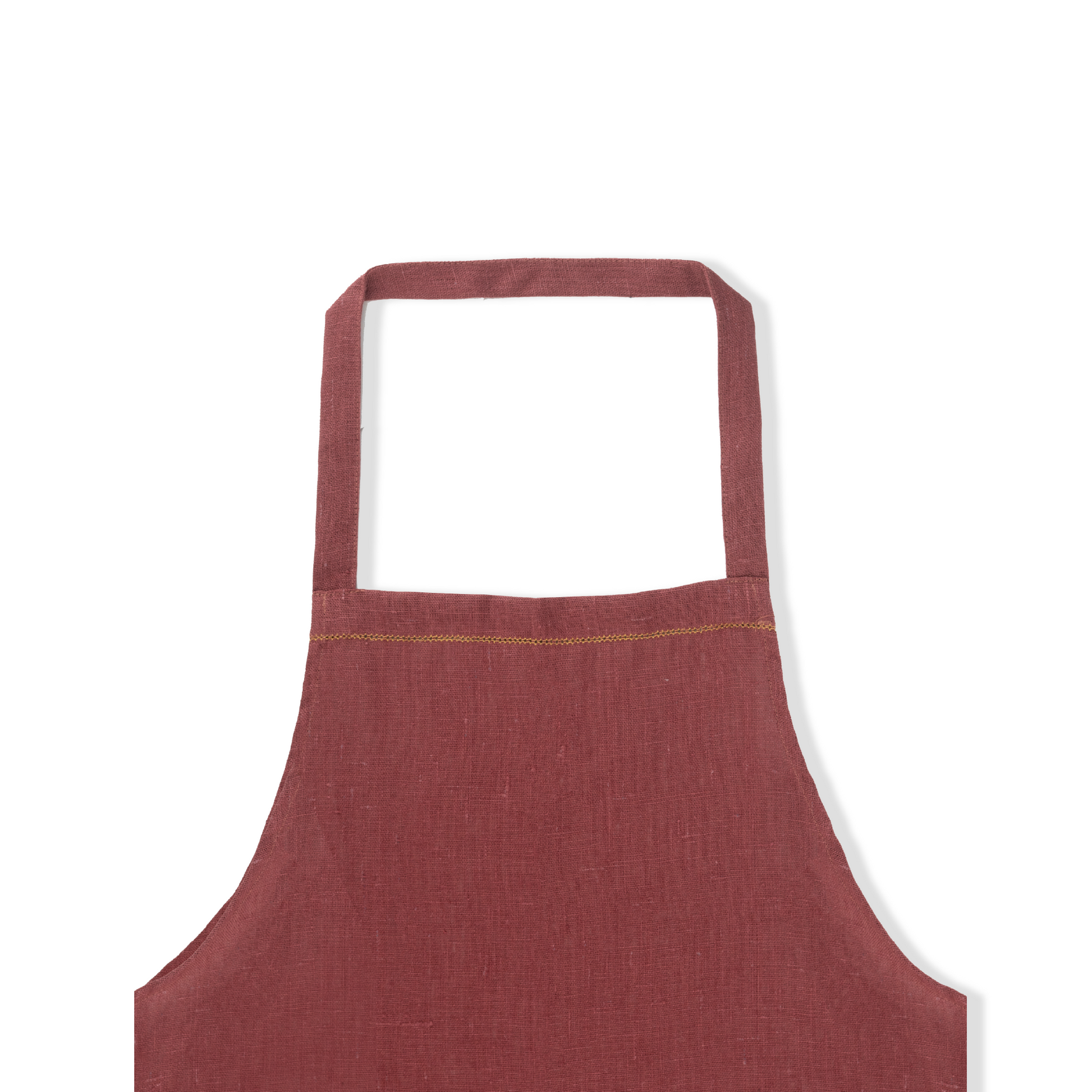 detail of marsala linen apron with ochre hemstitch 