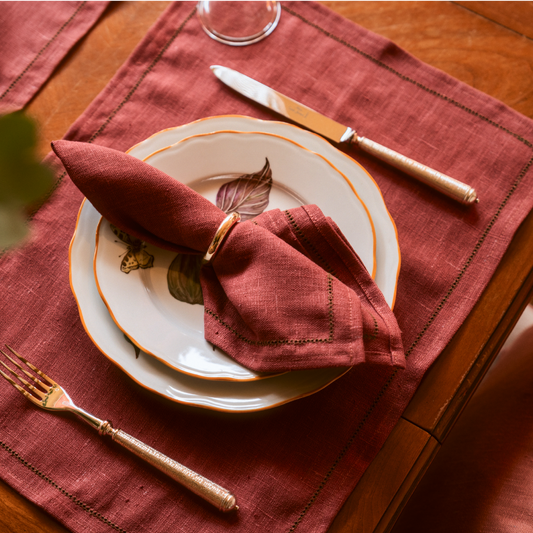 Set of Marsala Napkins with Fern Green Hemstitch