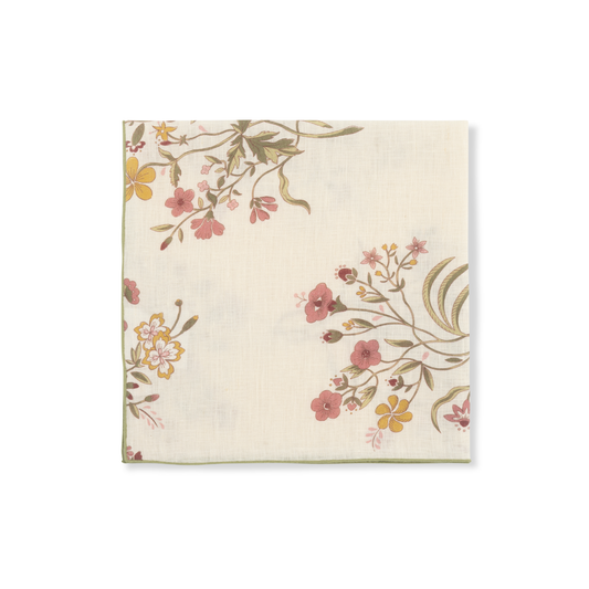 Set of Flax & Field Flowers Scarlet Printed Napkins with Fine Fern Green Overlocking