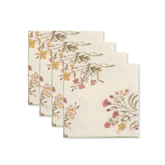Set of Flax & Field Flowers Scarlet Printed Napkins with Fine Fern Green Overlocking