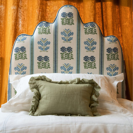 Showroom Ex-Display Single Size Kokoshnik Headboard in Folkloric Floral Stripe Linen Delft Blue/Oyster