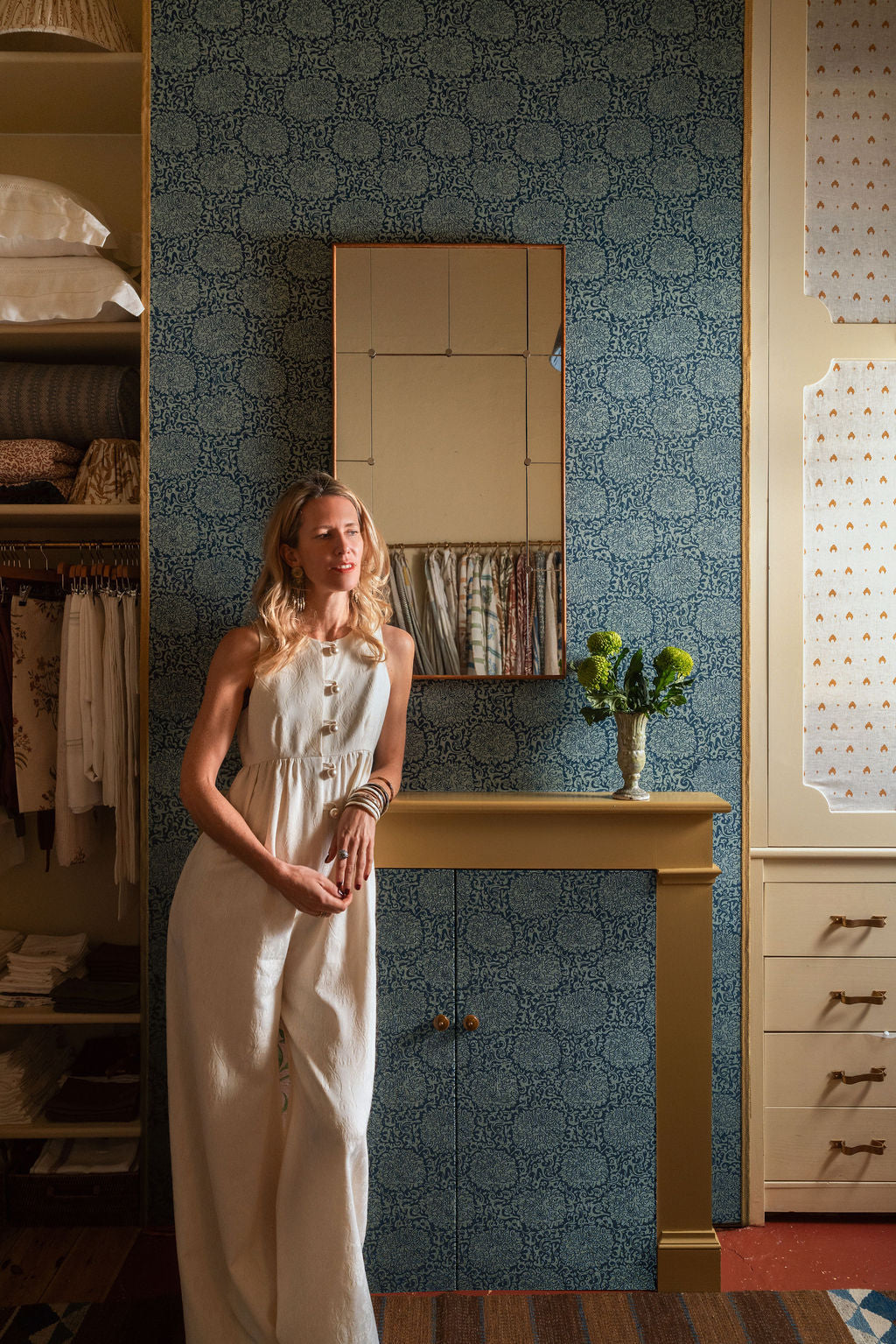 Paper-Backed VOLGA X FRITZ PORTER Chrysanthemum Archive Revival Linen Wallcovering Celadon/Prussian Blue