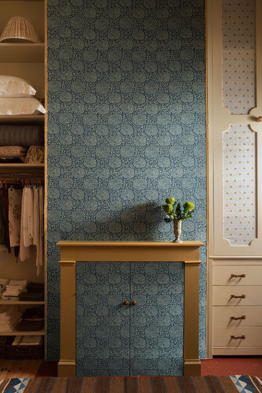 Paper-Backed VOLGA X FRITZ PORTER Chrysanthemum Archive Revival Linen Wallcovering Celadon/Prussian Blue