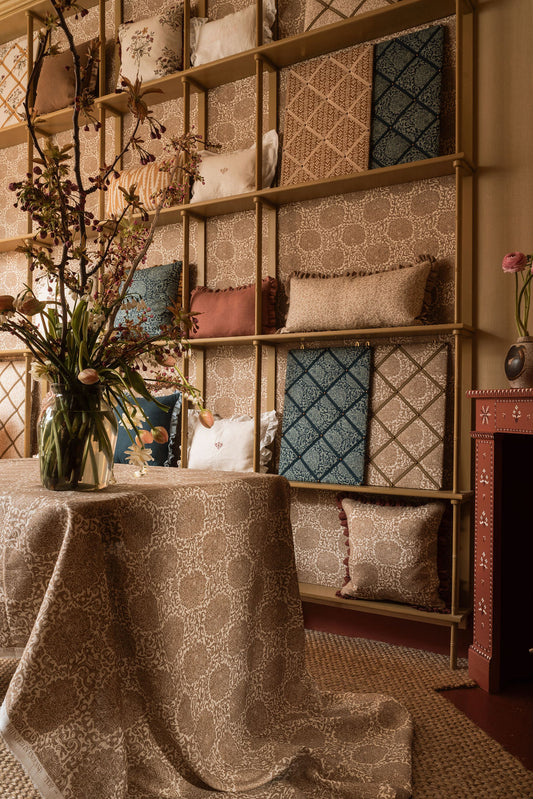 Paper-Backed VOLGA X FRITZ PORTER Chrysanthemum Archive Revival Linen Wallcovering Caramel/Oyster