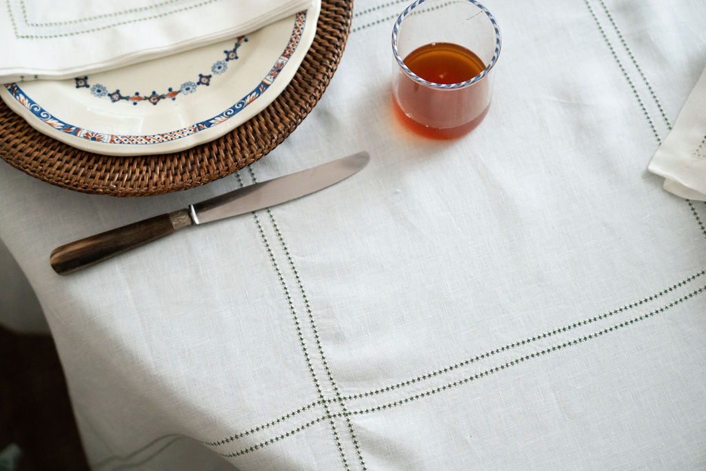 Botanical Green Double Hemstitch Check Tablecloth