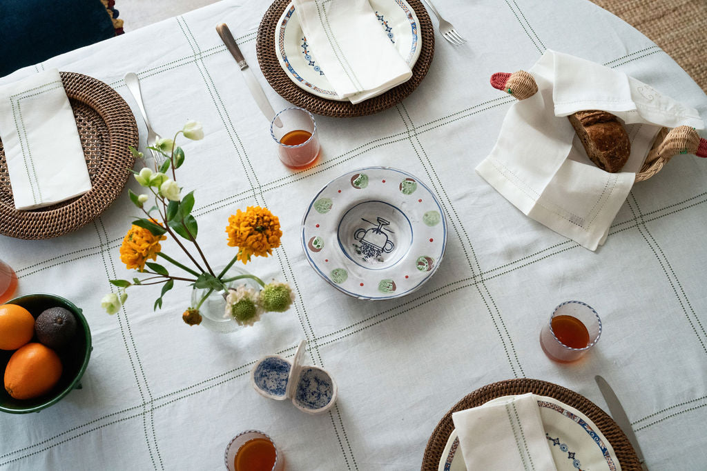 Botanical Green Double Hemstitch Check Tablecloth