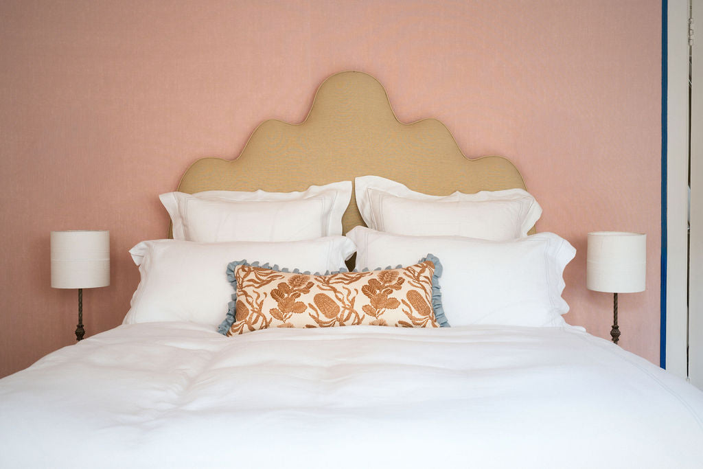 Cape Botanical Print Cushion in Old Gold with Porcelain Blue Frill