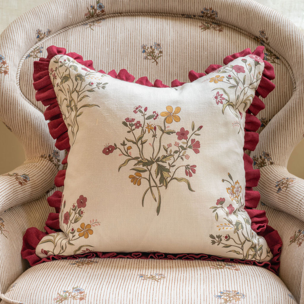 Flax & Field Flower Print Cushion in Scarlet with Scarlet Frill