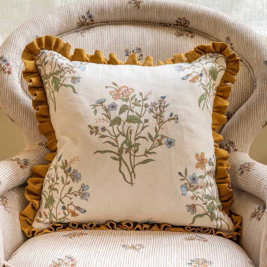 Flax & Field Flower Print Cushion with Old Gold Frill