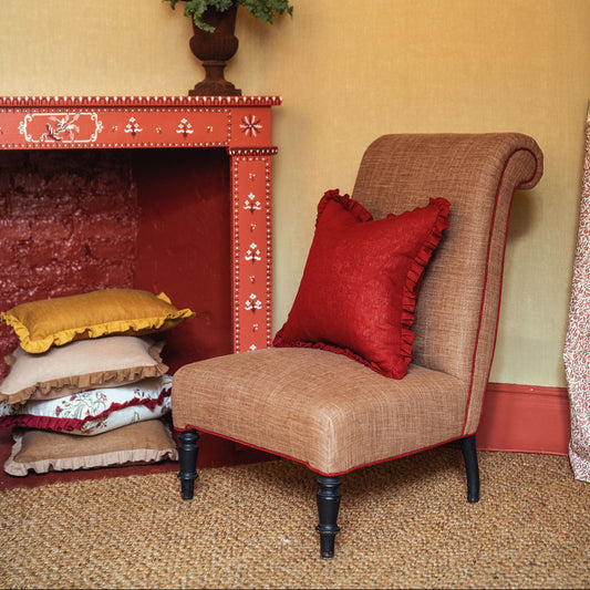 Petite Scroll Slipper Chair in Antique Bronze Laundered Linen