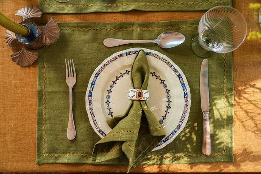 Set of Fern Green Napkins with Ochre Hemstitch