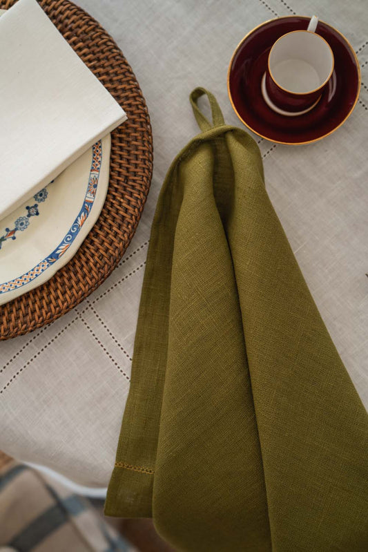 Fern Green Hand Towel with Ochre Hemstitch