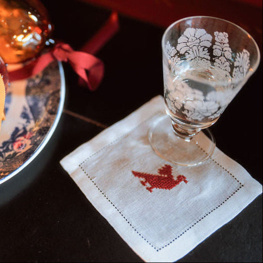 Cocktail Napkin Hemstitch with Palestinian Red Bird Hand Embroidery