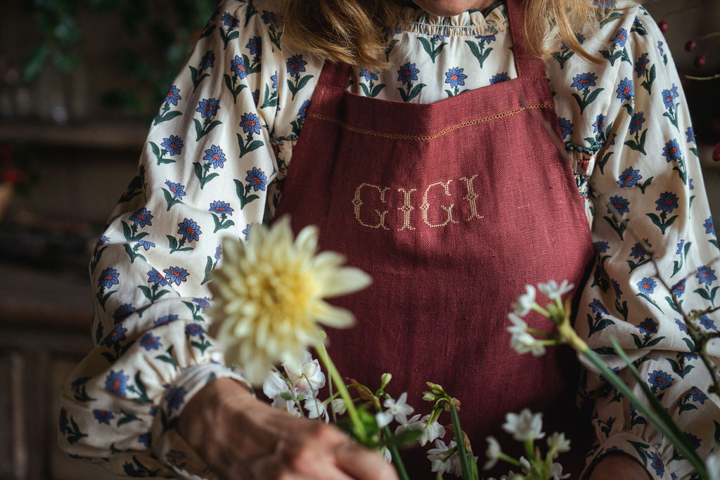 Marsala Apron with Ochre Hemstitch
