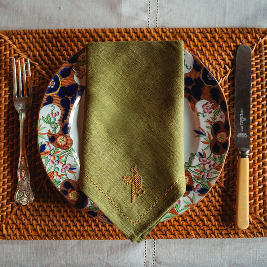 Set of 2 Fern Green Napkins with Ochre Hemstitch and Palestinian Ochre Bird Hand Embroidery