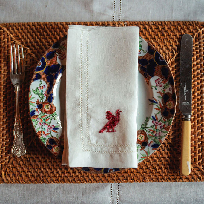 Set of 2 Double Hemstitch Edge Napkins with Palestinian Red Bird Hand Embroidery