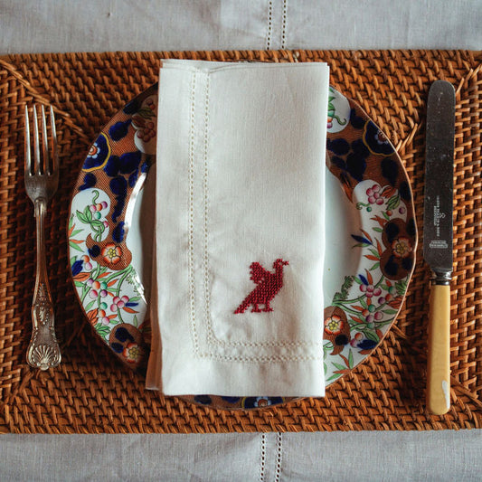 Set of 2 Double Hemstitch Edge Napkins with Palestinian Red Bird Hand Embroidery