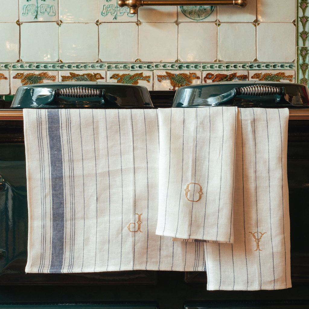 Kitchen Towel in French Blue with Antique Gold Cross Stitch Initial