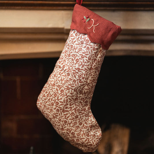 Pomegranate Print Stocking in Marsala with Hand Embroidery