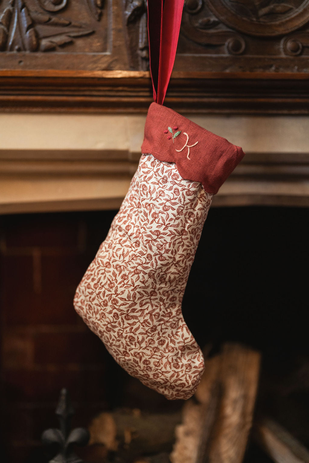 Pomegranate Print Stocking in Marsala with Hand Embroidery