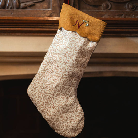 Pomegranate Print Stocking in Tawny Gold with Hand Embroidery