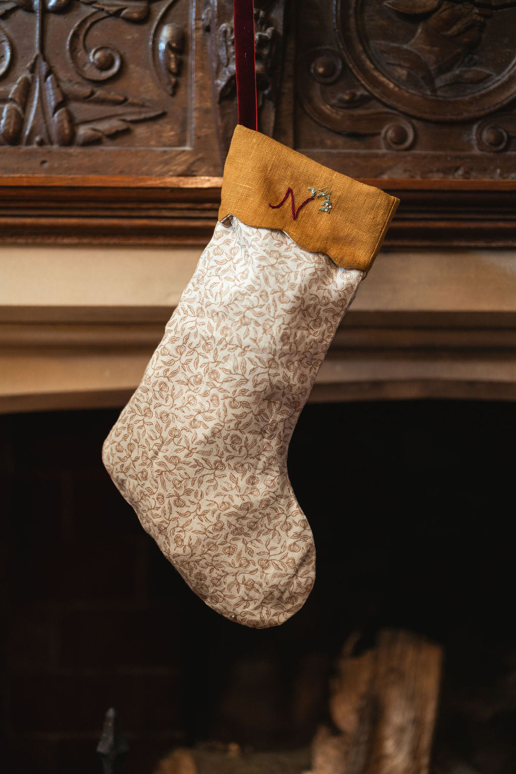 Pomegranate Print Stocking in Tawny Gold with Hand Embroidery