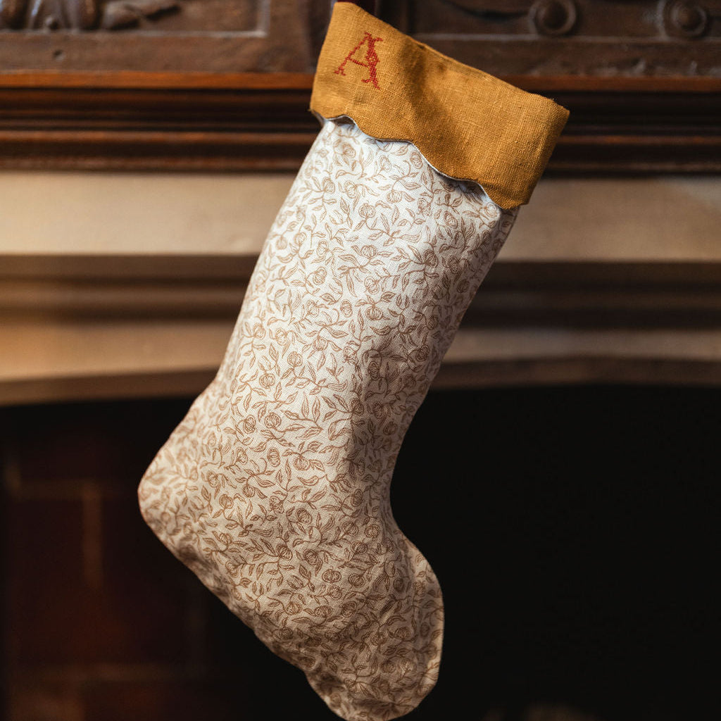 Pomegranate Print Stocking in Tawny Gold with Volga Red Initial