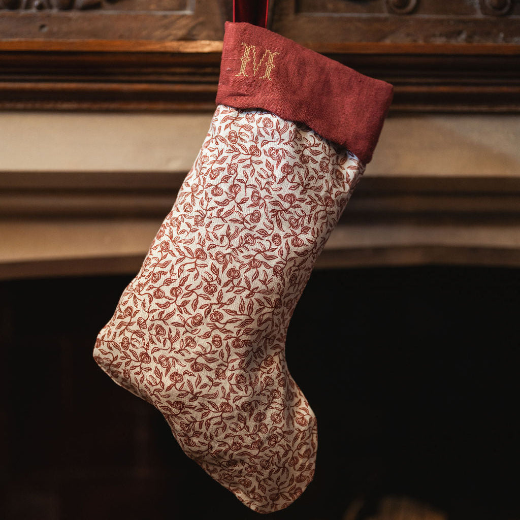Pomegranate Print Stocking in Marsala with Antique Gold Initial