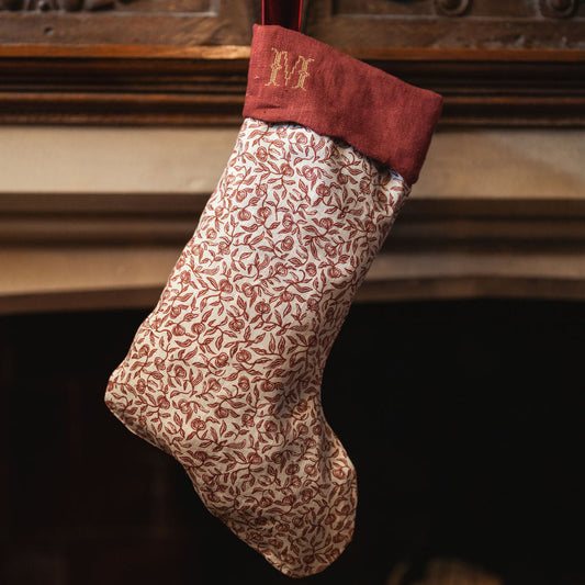 Pomegranate Print Stocking in Marsala with Antique Gold Initial